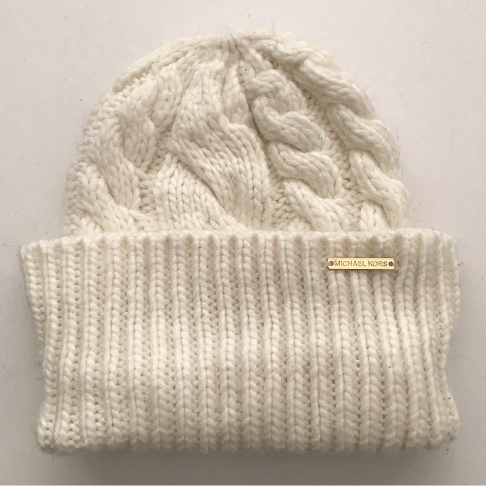 Michael Kors Cream Cable Knit Beanie with Gold Logo Plaque